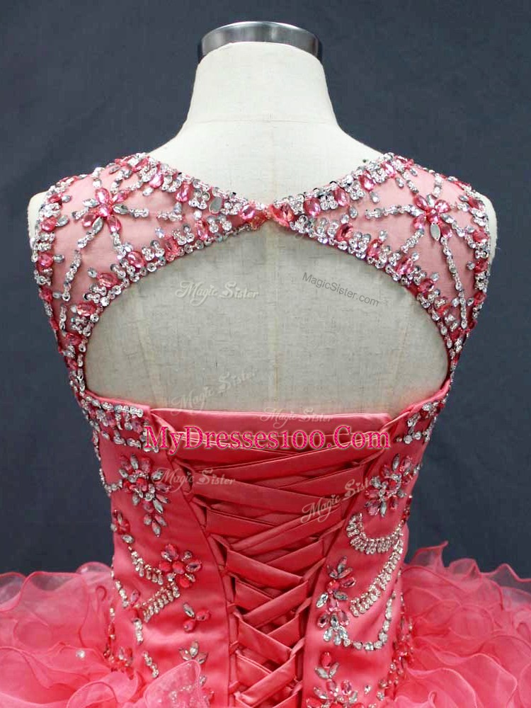 Pretty Coral Red Organza Lace Up Sweet 16 Dress Sleeveless Floor Length Beading and Ruffles