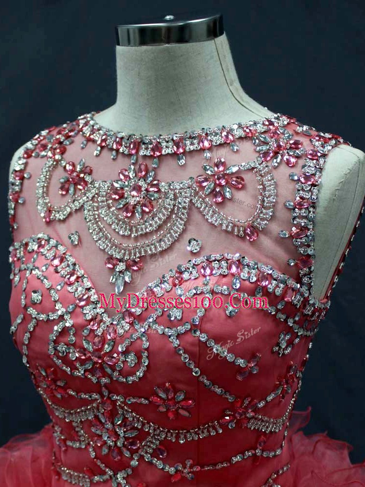 Pretty Coral Red Organza Lace Up Sweet 16 Dress Sleeveless Floor Length Beading and Ruffles