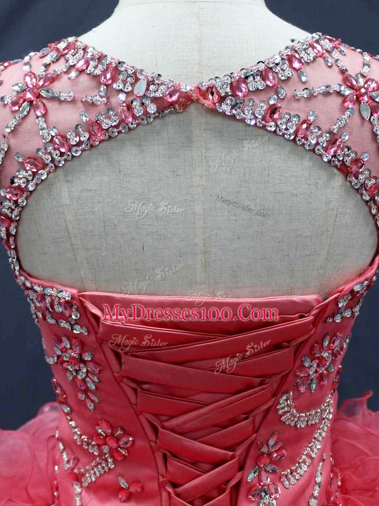 Pretty Coral Red Organza Lace Up Sweet 16 Dress Sleeveless Floor Length Beading and Ruffles