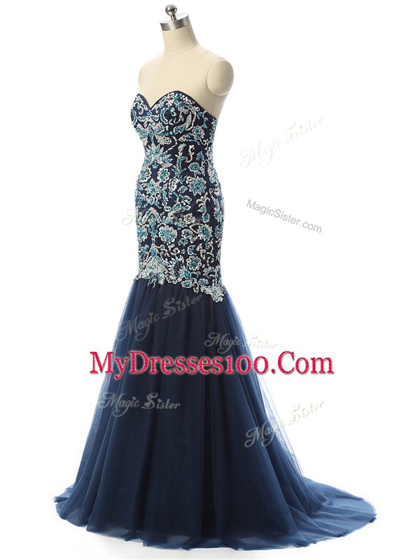 With Train Navy Blue Pageant Dress for Womens Tulle Sleeveless Beading and Embroidery