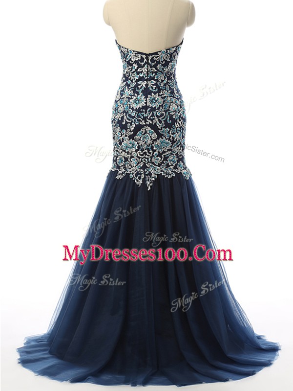 With Train Navy Blue Pageant Dress for Womens Tulle Sleeveless Beading and Embroidery