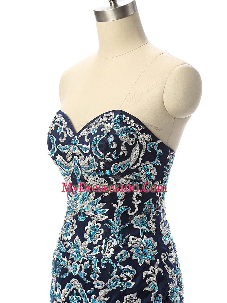 With Train Navy Blue Pageant Dress for Womens Tulle Sleeveless Beading and Embroidery