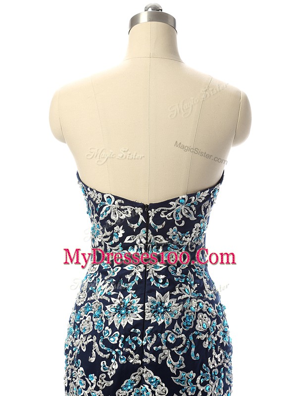 With Train Navy Blue Pageant Dress for Womens Tulle Sleeveless Beading and Embroidery