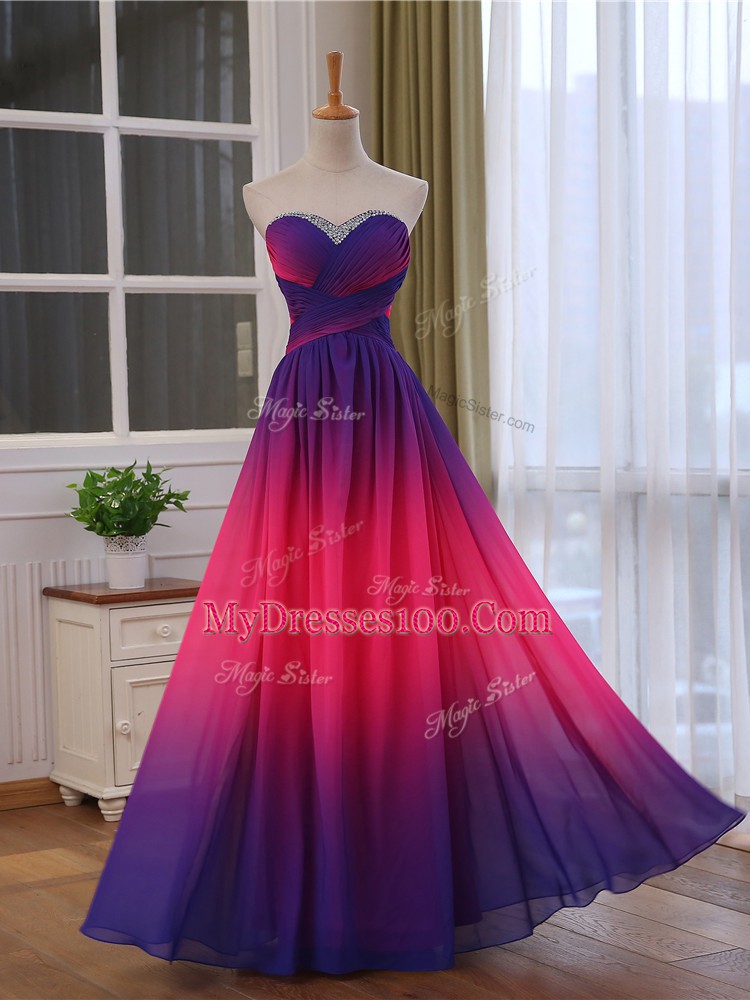 Designer Multi-color Chiffon and Printed Lace Up Prom Dress Sleeveless Floor Length Beading and Ruching
