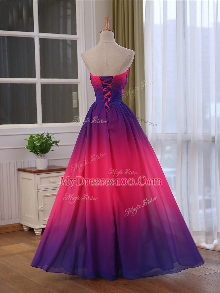 Designer Multi-color Chiffon and Printed Lace Up Prom Dress Sleeveless Floor Length Beading and Ruching
