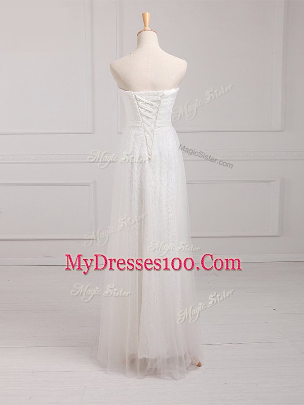 White Sleeveless Tulle and Lace Lace Up Bridesmaids Dress for Prom and Party and Wedding Party