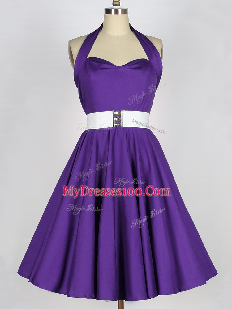Noble Sleeveless Taffeta Knee Length Zipper Vestidos de Damas in Purple with Ruching