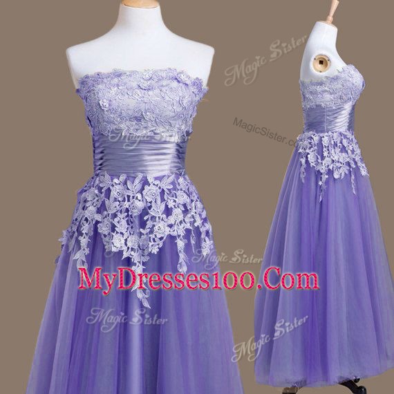 Lavender Lace Up Quinceanera Court Dresses Appliques Sleeveless Tea Length