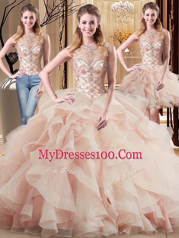 Traditional Sleeveless Beading and Ruffles Lace Up Quinceanera Gown with Peach Brush Train