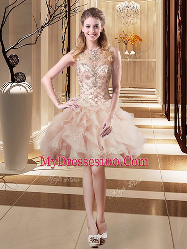 Traditional Sleeveless Beading and Ruffles Lace Up Quinceanera Gown with Peach Brush Train