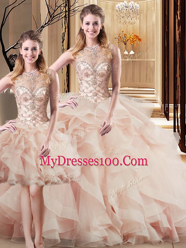Traditional Sleeveless Beading and Ruffles Lace Up Quinceanera Gown with Peach Brush Train