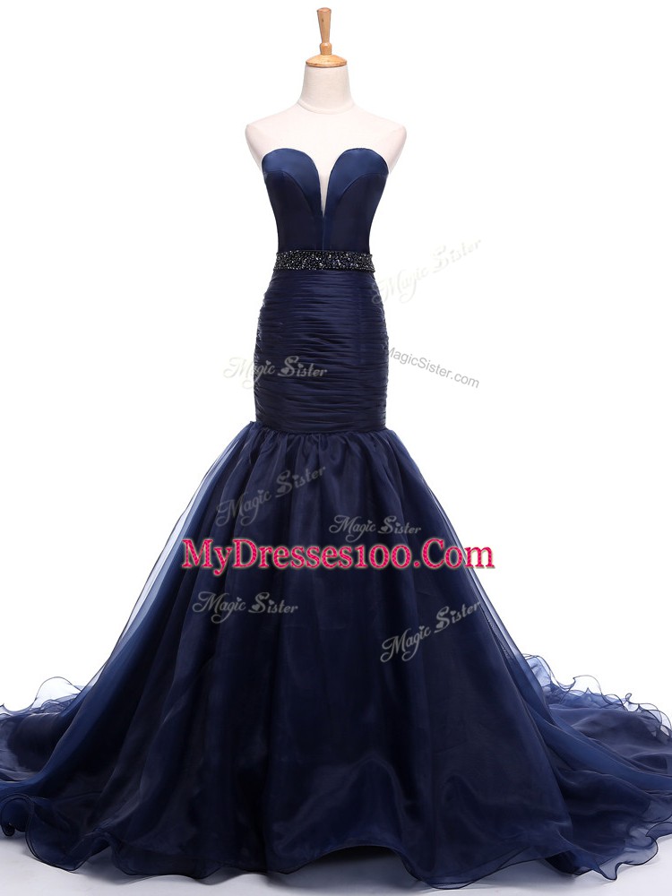 On Sale Navy Blue Mermaid Sweetheart Sleeveless Tulle Court Train Lace Up Beading and Ruching Prom Dresses