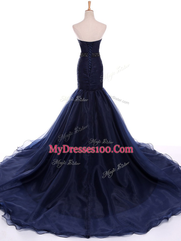 On Sale Navy Blue Mermaid Sweetheart Sleeveless Tulle Court Train Lace Up Beading and Ruching Prom Dresses