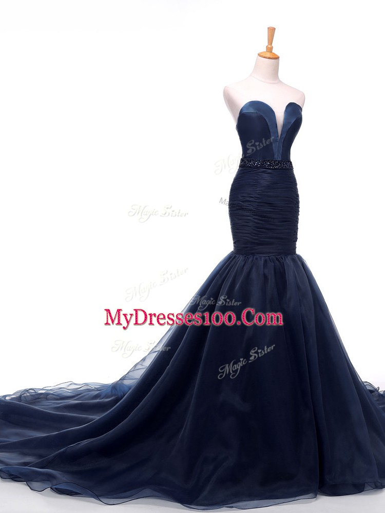 On Sale Navy Blue Mermaid Sweetheart Sleeveless Tulle Court Train Lace Up Beading and Ruching Prom Dresses