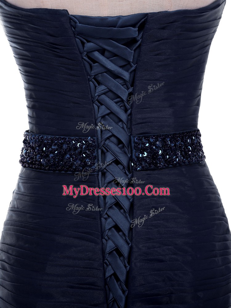 On Sale Navy Blue Mermaid Sweetheart Sleeveless Tulle Court Train Lace Up Beading and Ruching Prom Dresses