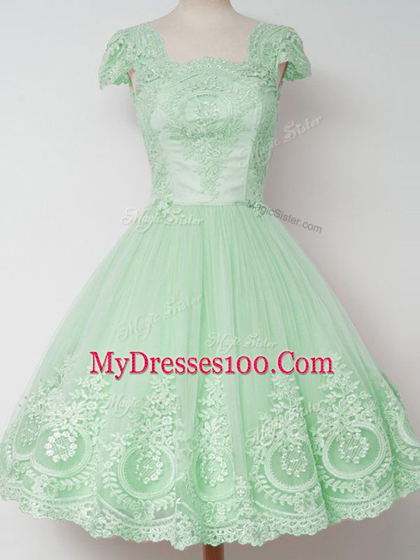 Tulle Square Cap Sleeves Zipper Lace Bridesmaid Gown in Apple Green