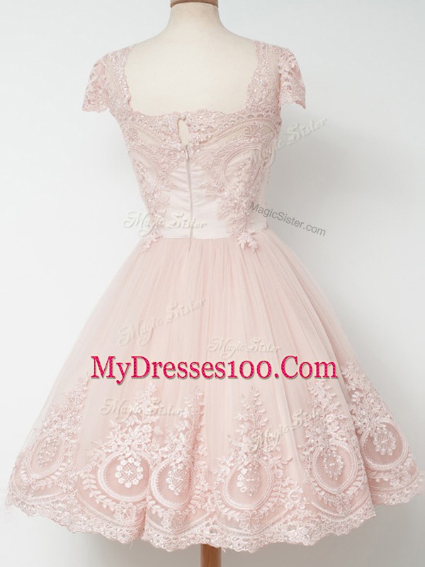 Tulle Square Cap Sleeves Zipper Lace Bridesmaid Gown in Apple Green