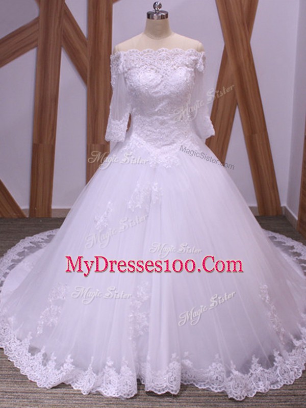 White Ball Gowns Lace Wedding Gowns Backless Tulle Half Sleeves