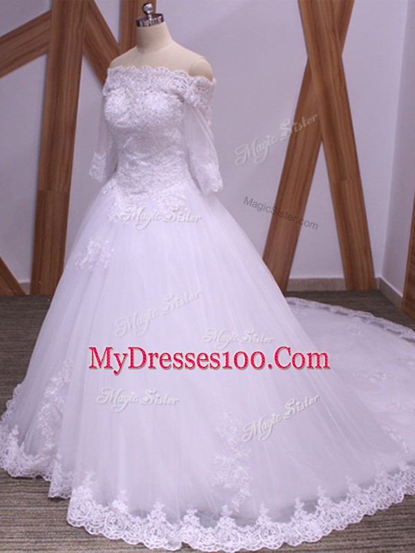 White Ball Gowns Lace Wedding Gowns Backless Tulle Half Sleeves