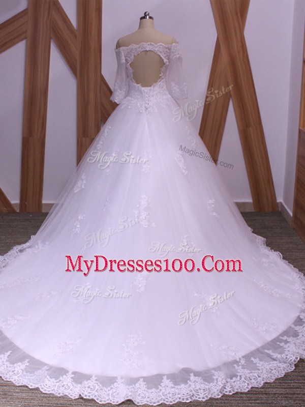 White Ball Gowns Lace Wedding Gowns Backless Tulle Half Sleeves