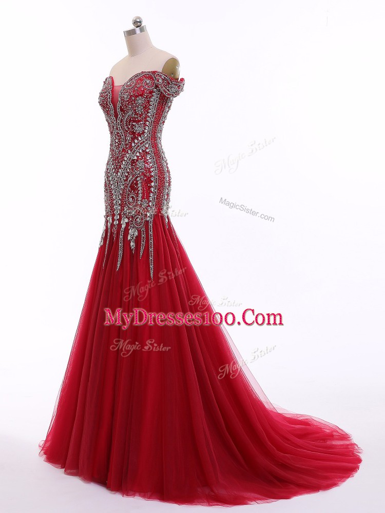 Red Mermaid Tulle Off The Shoulder Sleeveless Beading Zipper Evening Dress Brush Train