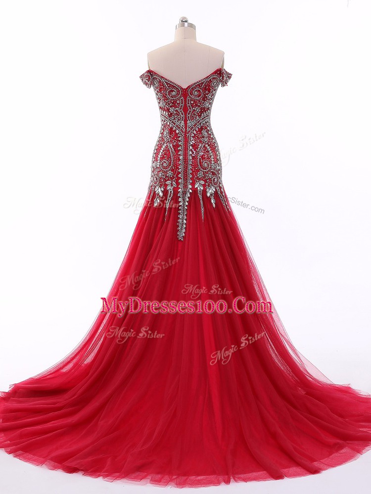 Red Mermaid Tulle Off The Shoulder Sleeveless Beading Zipper Evening Dress Brush Train