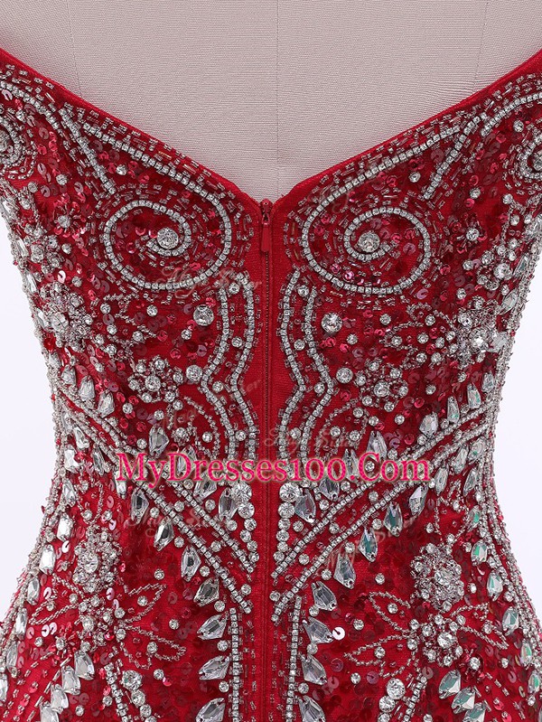 Red Mermaid Tulle Off The Shoulder Sleeveless Beading Zipper Evening Dress Brush Train