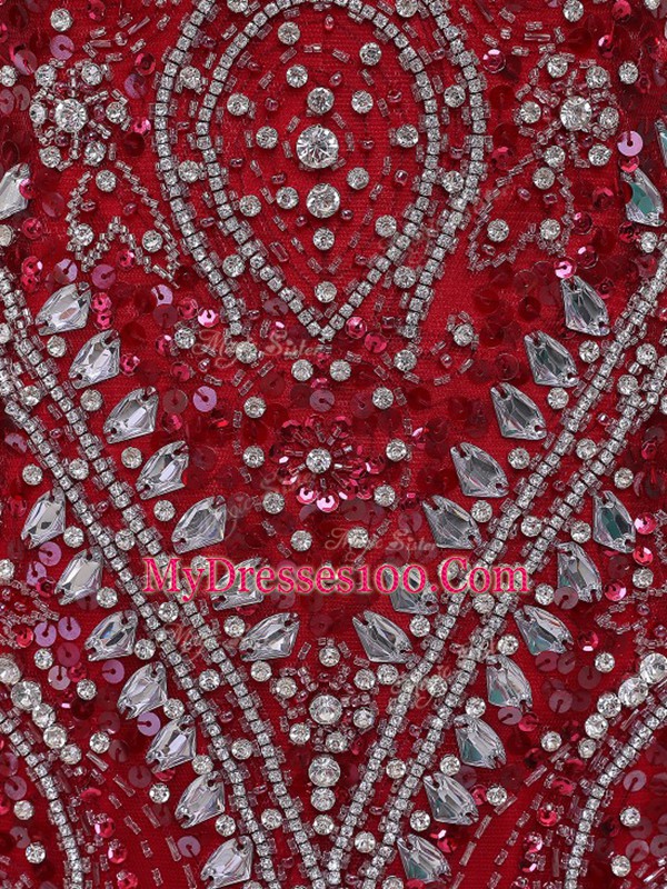 Red Mermaid Tulle Off The Shoulder Sleeveless Beading Zipper Evening Dress Brush Train
