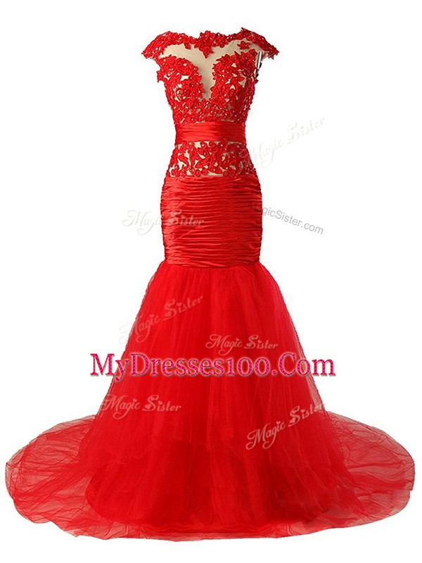 Cheap Red Scoop Neckline Lace and Appliques and Ruching Prom Gown Cap Sleeves Zipper