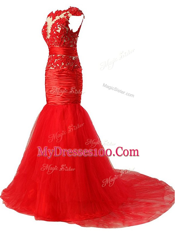 Cheap Red Scoop Neckline Lace and Appliques and Ruching Prom Gown Cap Sleeves Zipper