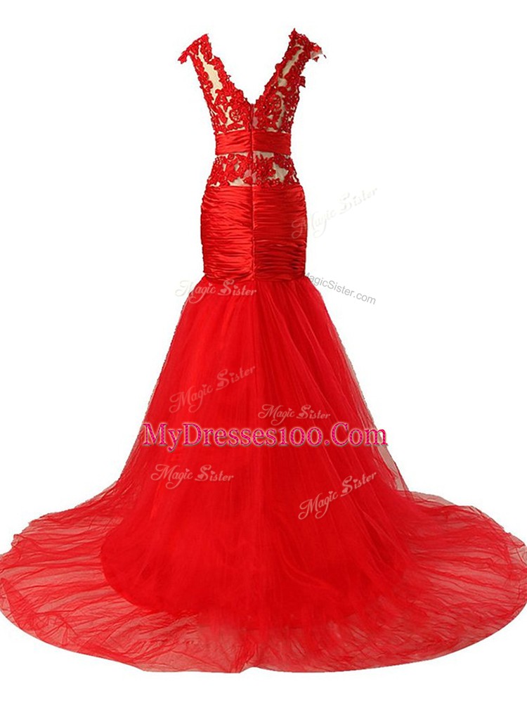Cheap Red Scoop Neckline Lace and Appliques and Ruching Prom Gown Cap Sleeves Zipper