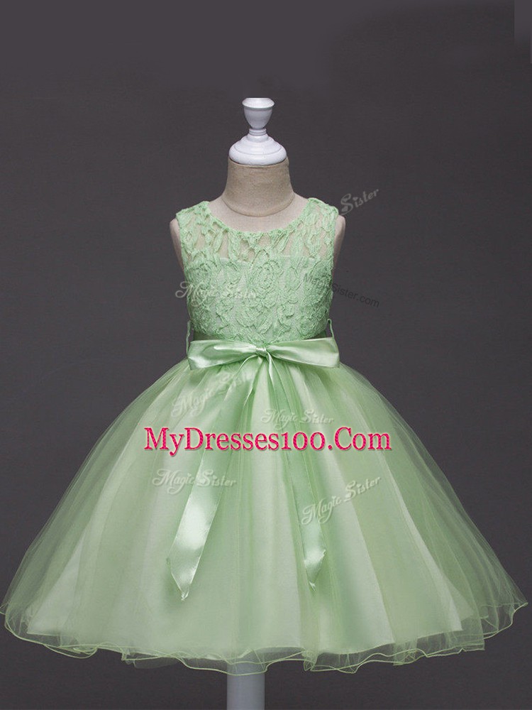 Pretty Sleeveless Zipper Knee Length Lace and Belt Flower Girl Dresses