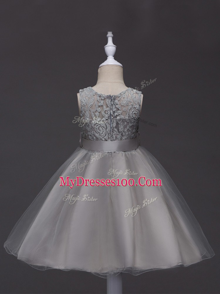 Pretty Sleeveless Zipper Knee Length Lace and Belt Flower Girl Dresses