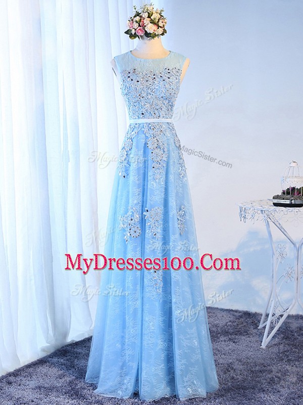 Pretty Floor Length Baby Blue Tulle Sleeveless Beading and Lace and Appliques and Belt