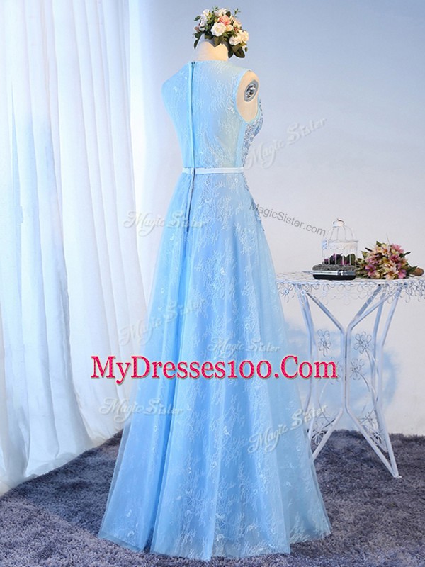 Pretty Floor Length Baby Blue Tulle Sleeveless Beading and Lace and Appliques and Belt