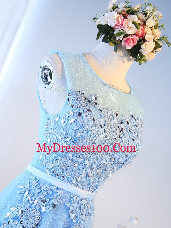 Pretty Floor Length Baby Blue Tulle Sleeveless Beading and Lace and Appliques and Belt