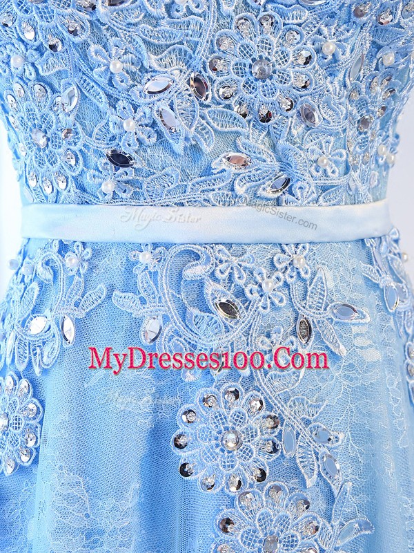 Pretty Floor Length Baby Blue Tulle Sleeveless Beading and Lace and Appliques and Belt
