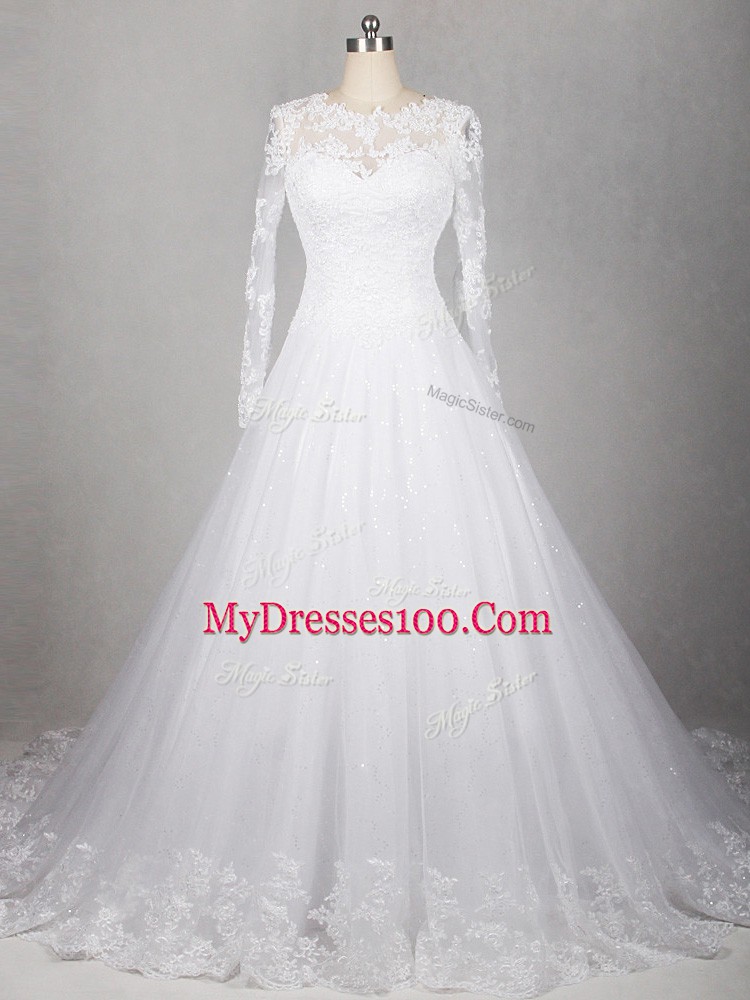 White A-line Lace Wedding Gowns Side Zipper Tulle Long Sleeves