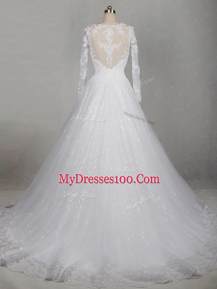 White A-line Lace Wedding Gowns Side Zipper Tulle Long Sleeves
