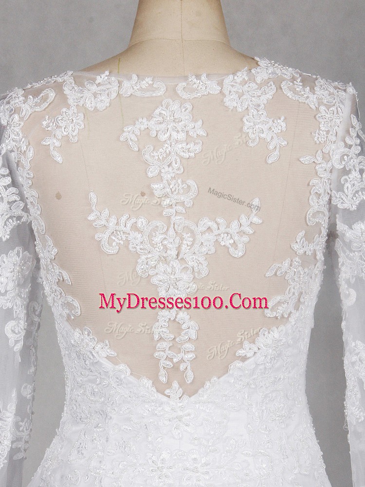 White A-line Lace Wedding Gowns Side Zipper Tulle Long Sleeves
