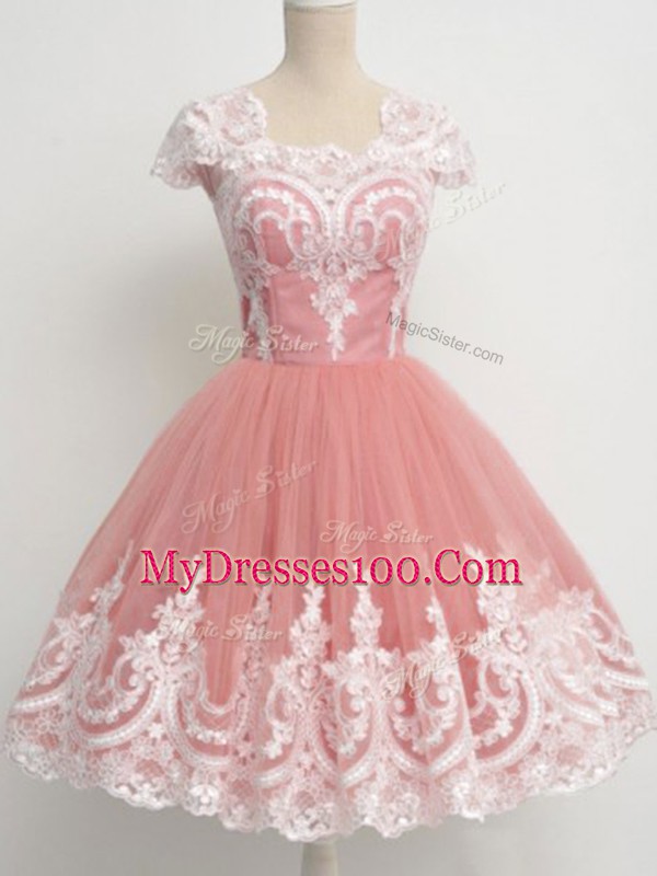 Discount Knee Length Peach Bridesmaid Gown Tulle Cap Sleeves Lace