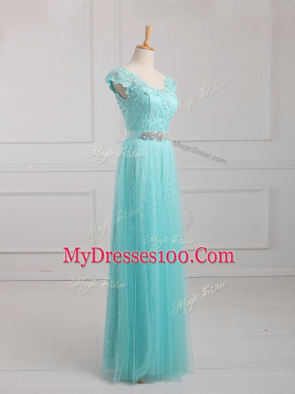 Custom Made Aqua Blue Cap Sleeves Tulle and Lace Lace Up Mother of Bride Dresses for Prom and Party and Military Ball