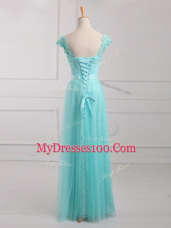 Custom Made Aqua Blue Cap Sleeves Tulle and Lace Lace Up Mother of Bride Dresses for Prom and Party and Military Ball