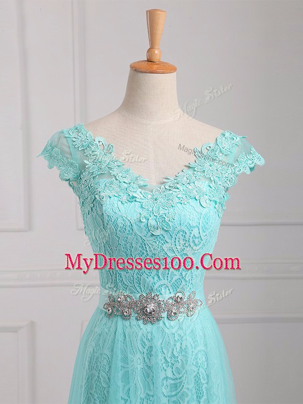 Custom Made Aqua Blue Cap Sleeves Tulle and Lace Lace Up Mother of Bride Dresses for Prom and Party and Military Ball