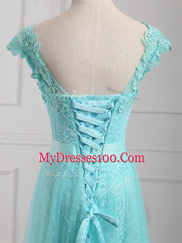 Custom Made Aqua Blue Cap Sleeves Tulle and Lace Lace Up Mother of Bride Dresses for Prom and Party and Military Ball