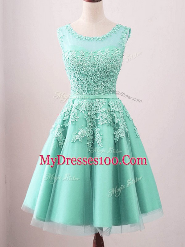 Most Popular Turquoise Tulle Lace Up Wedding Party Dress Sleeveless Knee Length Lace