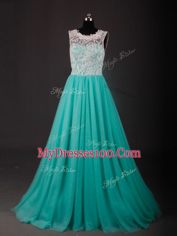 Turquoise Prom Dresses Scoop Sleeveless Sweep Train Zipper