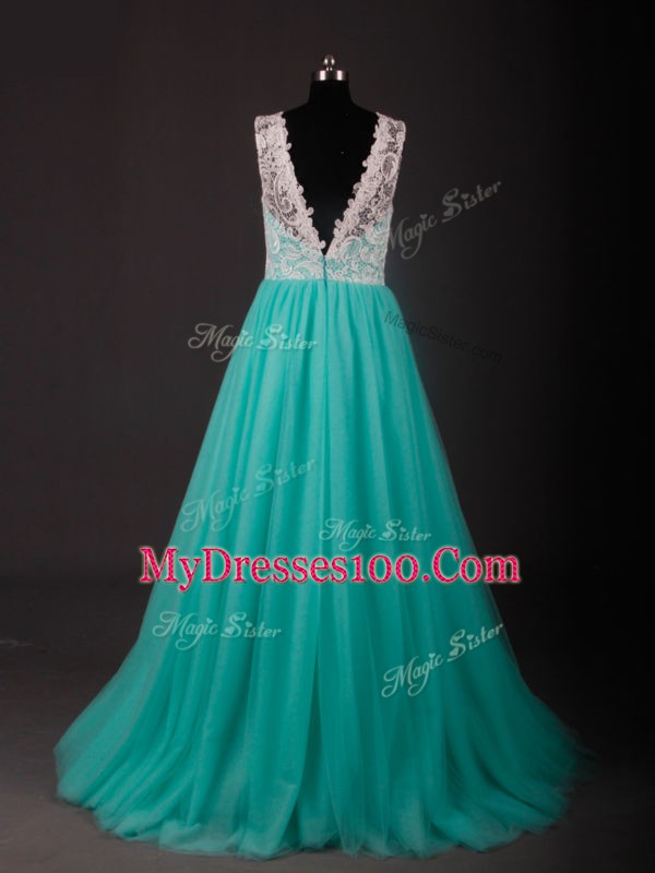 Turquoise Prom Dresses Scoop Sleeveless Sweep Train Zipper