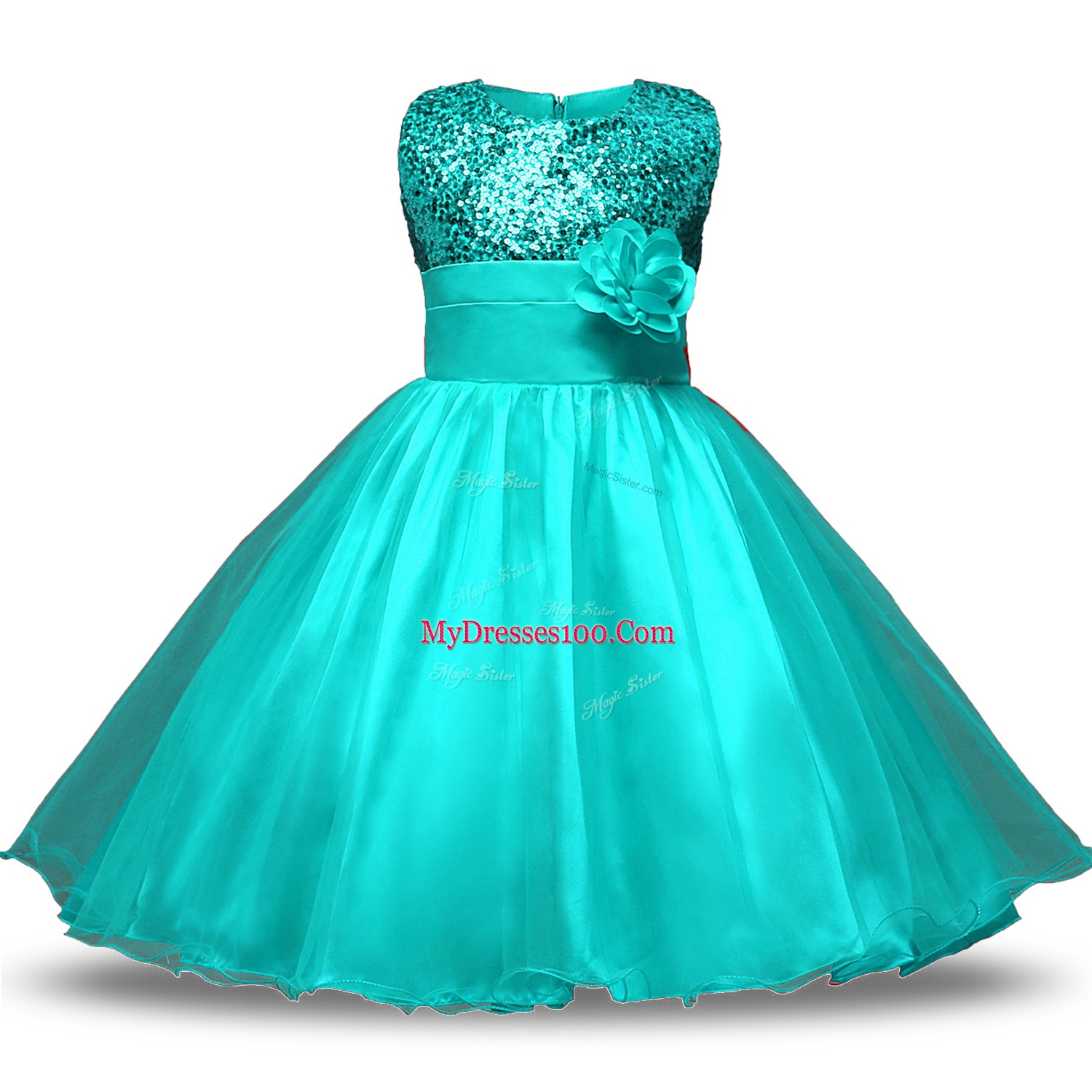 Modern Knee Length Turquoise Toddler Flower Girl Dress Scoop Sleeveless Zipper
