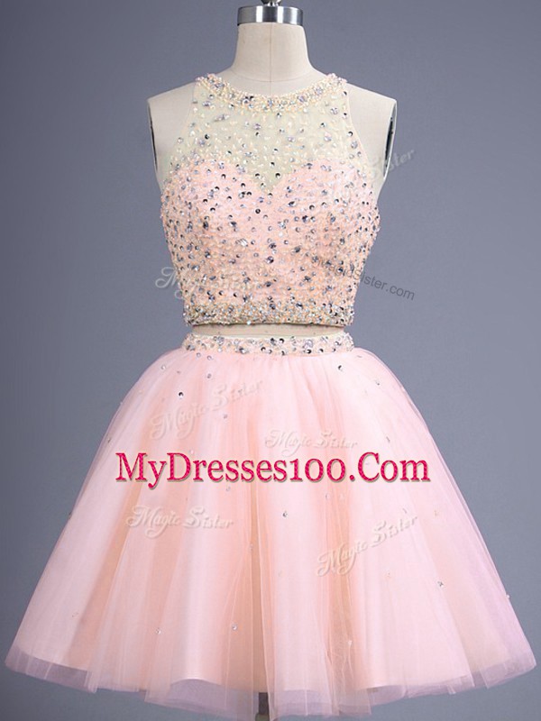 Popular Peach Tulle Lace Up Scoop Sleeveless Knee Length Quinceanera Court Dresses Beading
